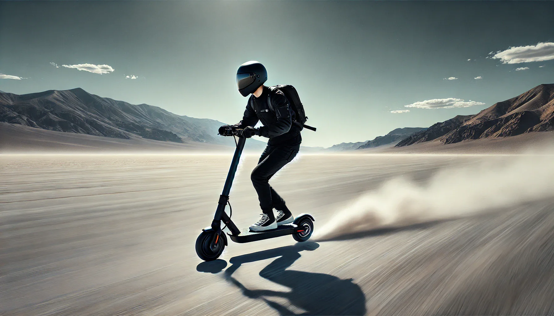 DALL_E_2024-07-11_17.57.32_-_A_person_riding_an_electric_scooter_at_high_speed_across_a_vast_barren_desert_landscape_with_mountains_in_the_background._The_rider_is_wearing_a_blac